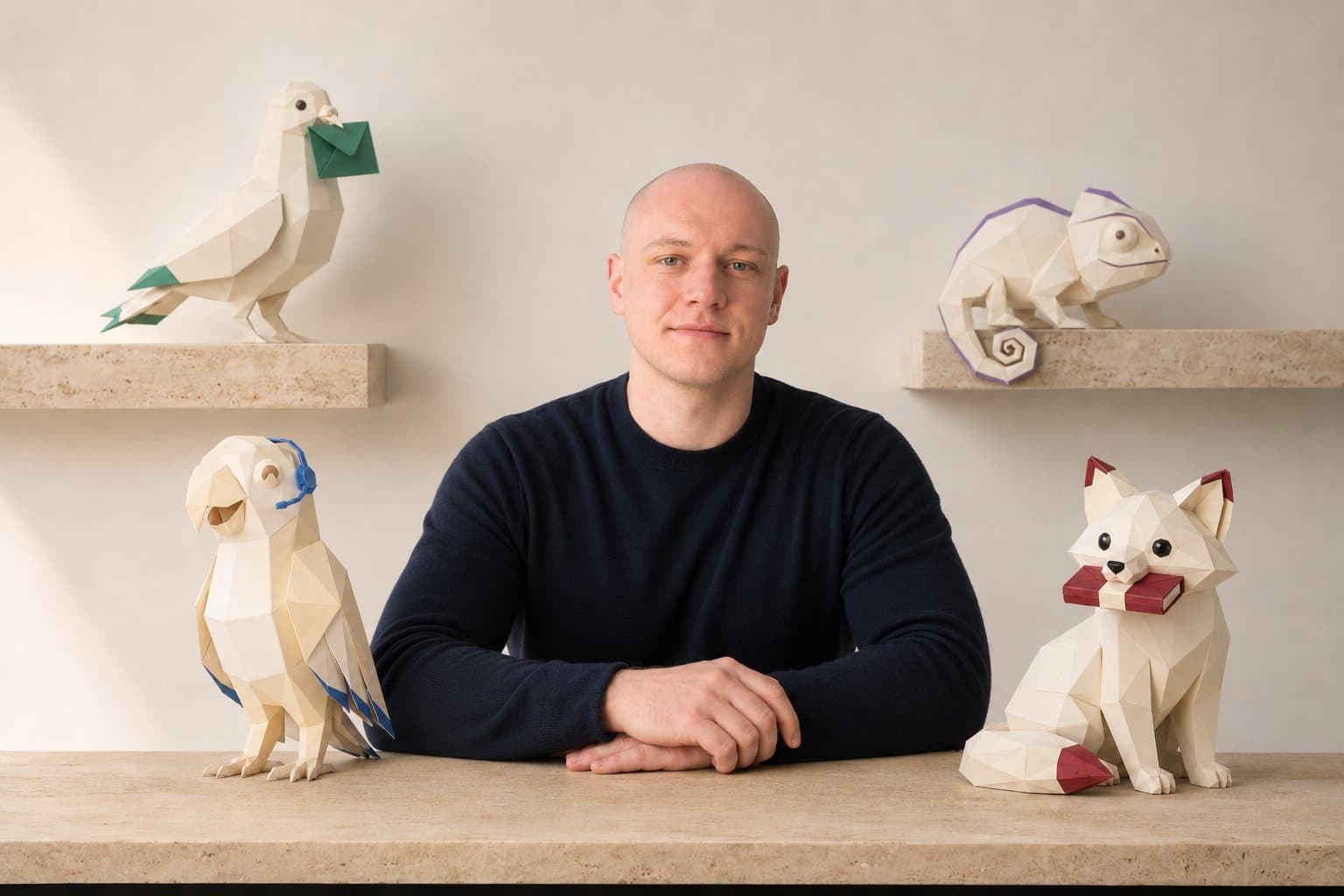 Sven Pflüger am Schreibtisch, umgeben von den vier Papier-Maskottchen der Rinqo-Agenten: Papagei, Fuchs, Brieftaube und Chamäleon.