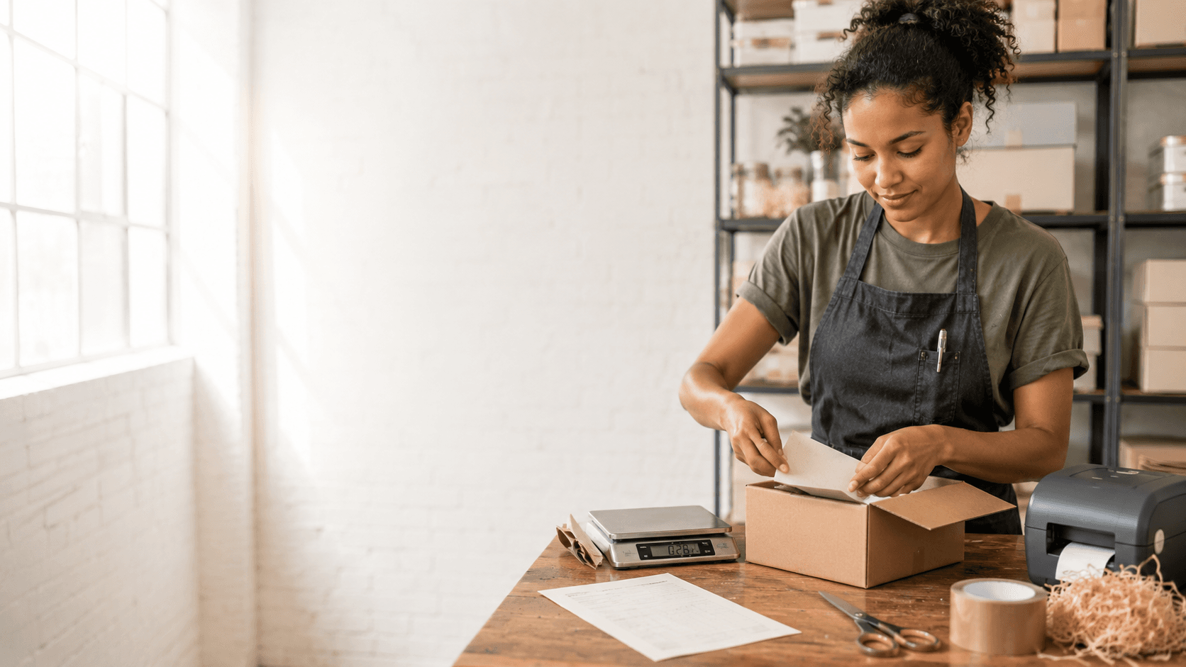 Versand-Atelier mit Frau in dunkler Arbeitsschürze, die einen Karton verpackt, Postwaage und Label-Drucker auf Holz-Arbeitsfläche, helles Tageslicht.
