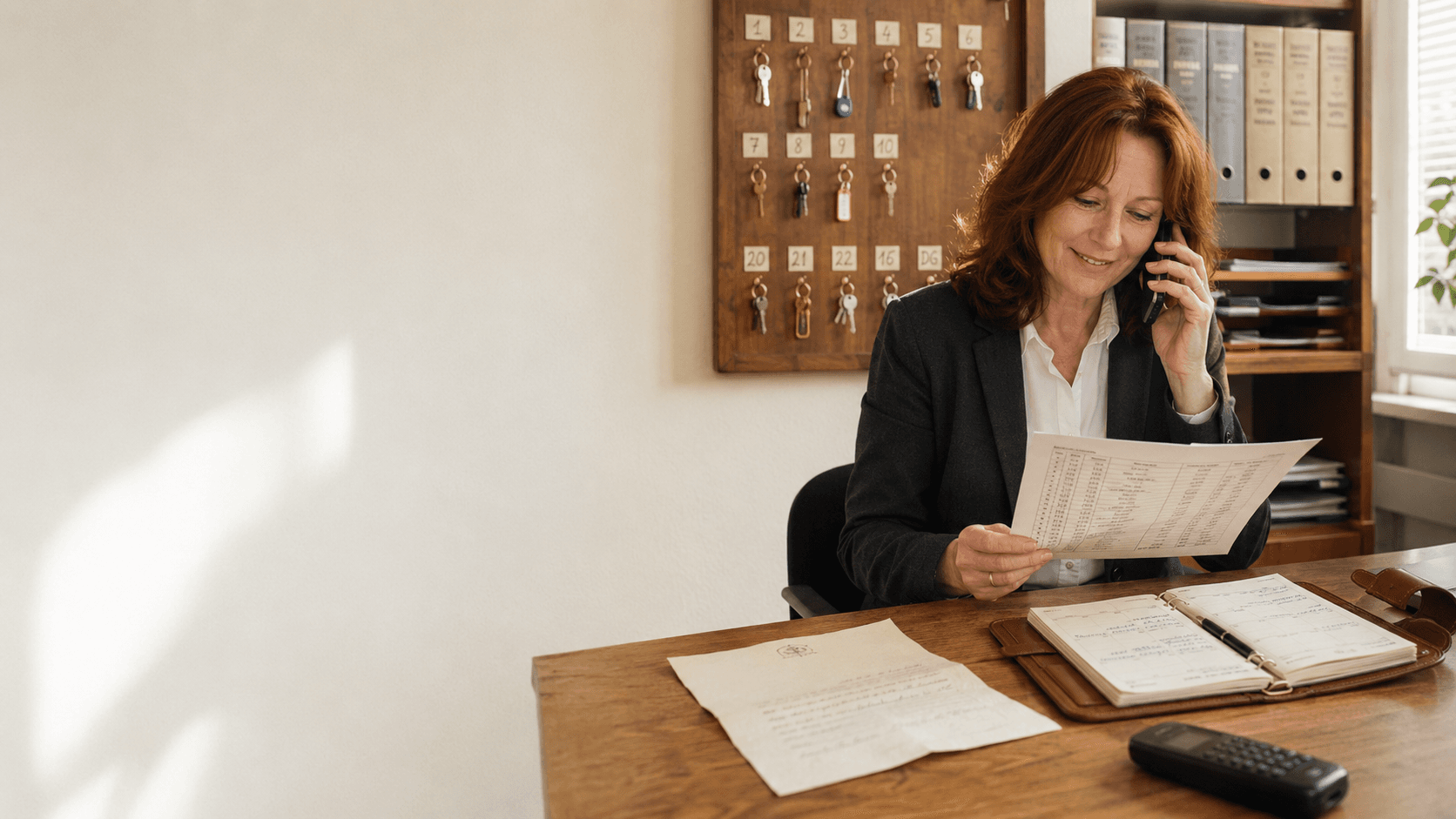 Hausverwalterin am Schreibtisch mit Telefon am Ohr, wandmontiertes Schlüsselbrett im Hintergrund, Mieterliste und Brief auf cremem Papier, helles Tageslicht.