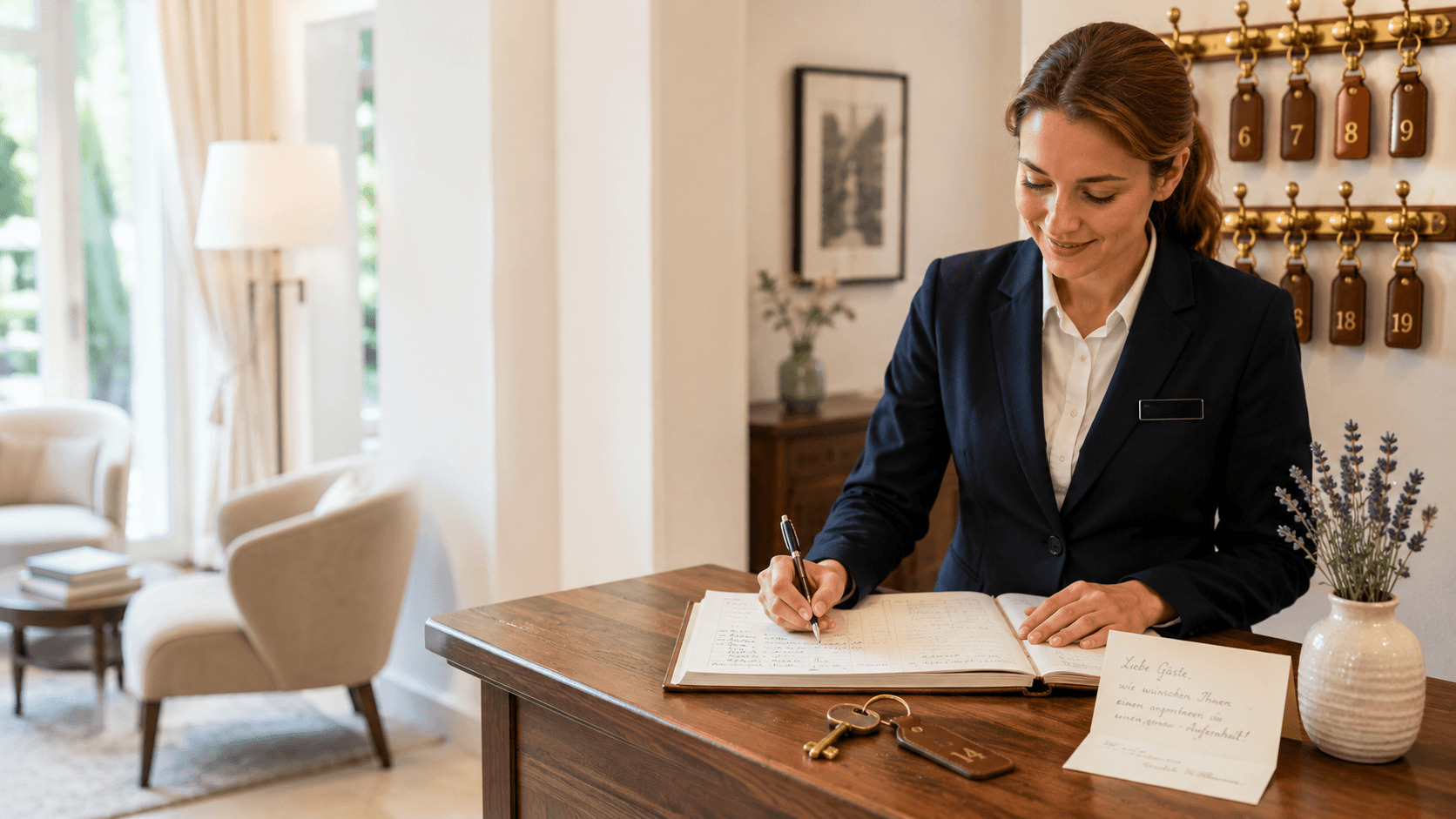 Hotelempfang mit Hostess in dunkelblauem Uniform-Blazer, die in das Gäste-Buch schreibt, brass-Schlüsselbrett im Hintergrund, helles Morgenlicht im boutique-Lounge.