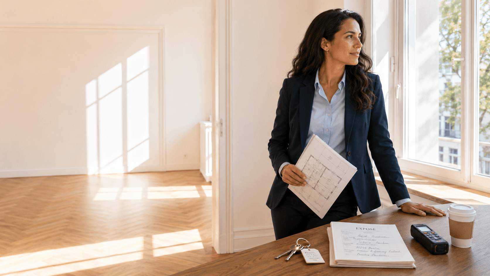 Immobilienmaklerin in marine-blauem Jackett in leerer Altbau-Wohnung am Fenstersill, Floor-Plan in der Hand, helles Tageslicht durch hohe Sprossenfenster.