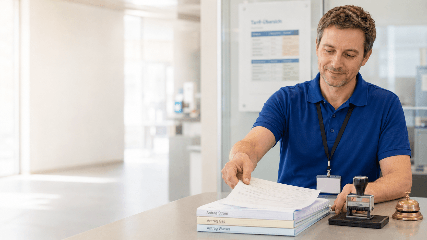 Stadtwerke-Bürgerberater am Counter, Mann in cobalt-blauem Polo mit Antragsformularen, Stempel und Glocke, helle Service-Halle im Morgenlicht.