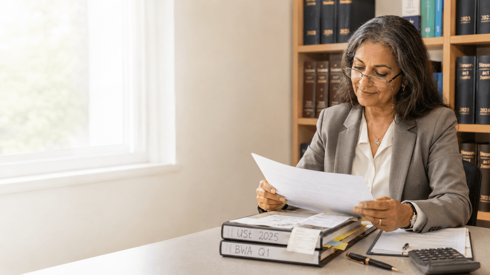 Steuerberaterin am Schreibtisch, Frau in taupe Blazer mit Halbbrille beim Lesen eines Ausdrucks, helle Eichen-Regale mit Steuerakten, warmes Tageslicht.