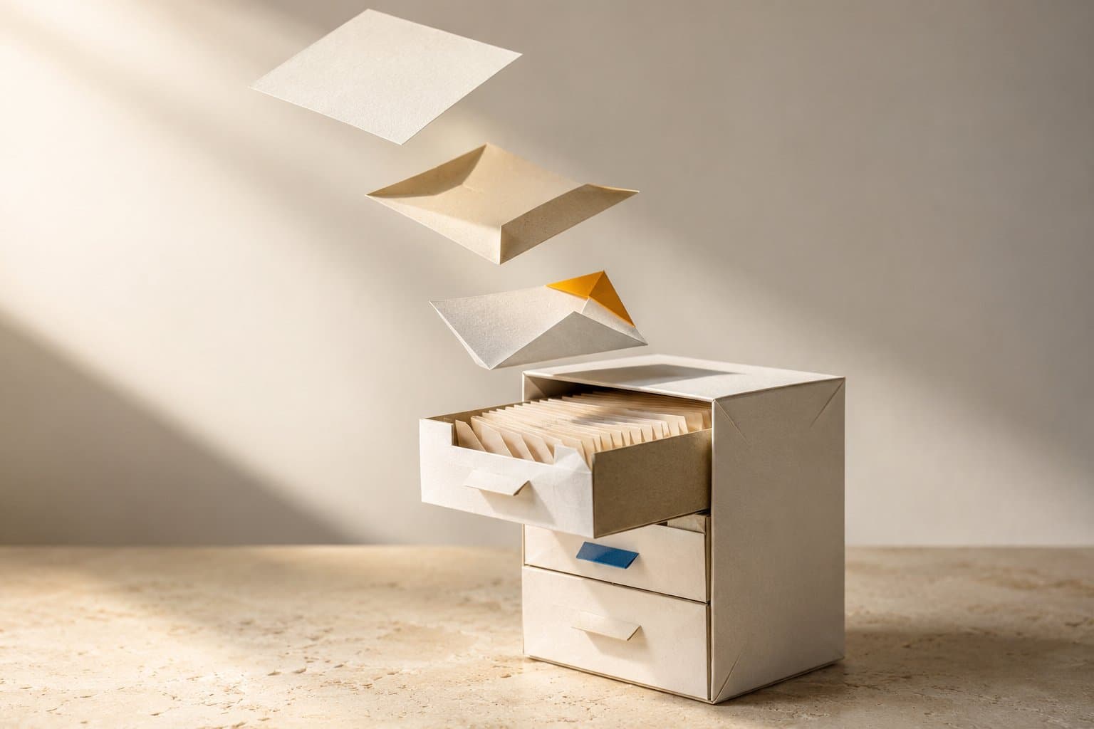 Ein Zettelkasten aus gefaltetem Papier, in den sich Blätter von selbst einsortieren – das Unternehmensgedächtnis von Rinqo.