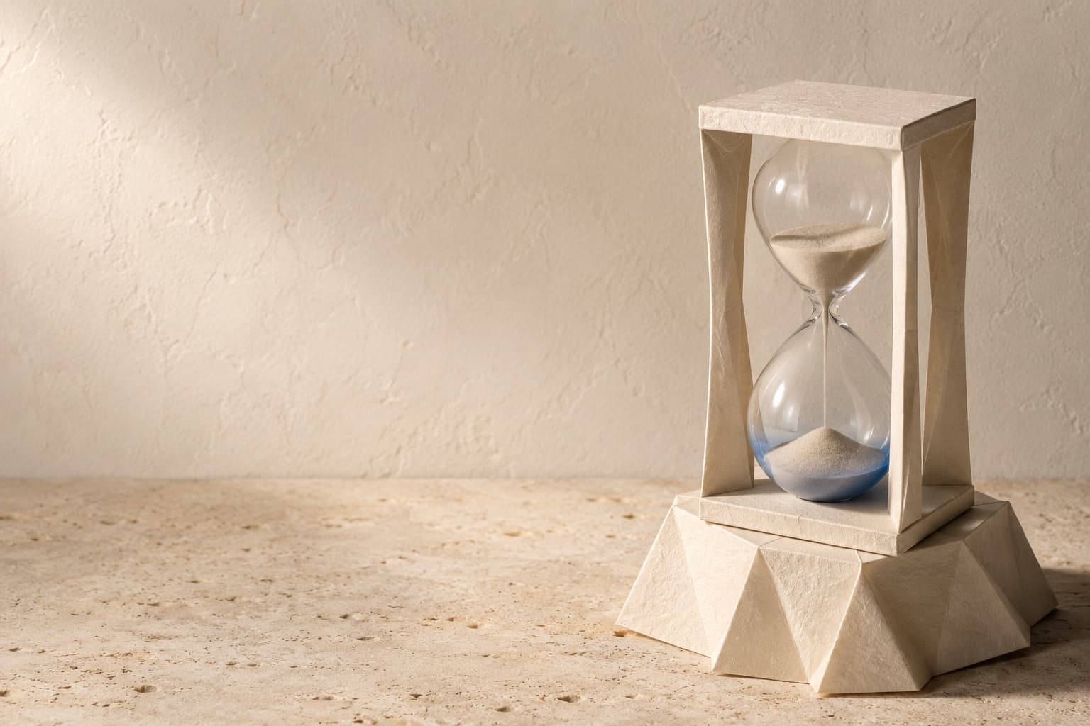 Eine Sanduhr in einem Gestell aus gefaltetem Papier steht auf hellem Naturstein, der Sand läuft.